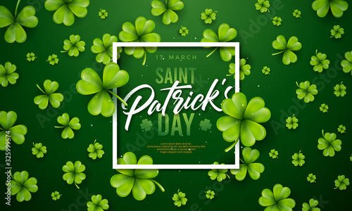 Saint Patrick's Day Design with Clover Leaf on Green Background. Irish Beer Festival Celebration Holiday Illustration with typography and Shamrock for Greeting Card, Party Invitation or Banner.