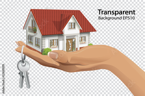3d house in hand width key on tarnsparent background. House for sale or rent.