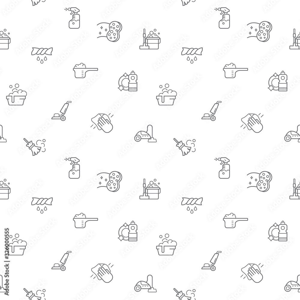 Seamless pattern with household chores and housework icon on white background. Included the icons as cleaning, broom, detergent, pad, spin-dry and other elements.