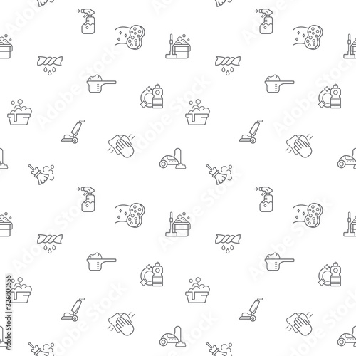 Seamless pattern with household chores and housework icon on white background. Included the icons as cleaning, broom, detergent, pad, spin-dry and other elements.