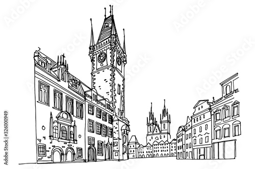 Vector sketch of Prague Orloj - medieval astronomical clock mounted on Old Town Hall, Prague, Czech Republic, Europe.