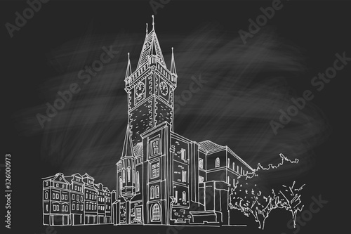 Vector sketch of Prague Orloj - medieval astronomical clock mounted on Old Town Hall, Prague, Czech Republic, Europe.