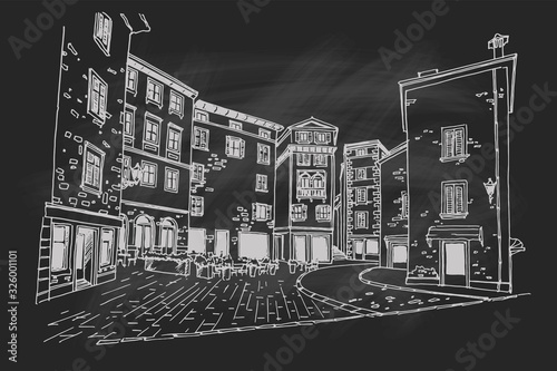 vector sketch of street scene in Rovinj. Croatia.