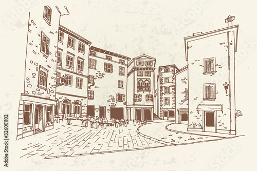 vector sketch of street scene in Rovinj. Croatia.