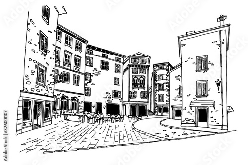 vector sketch of street scene in Rovinj. Croatia.