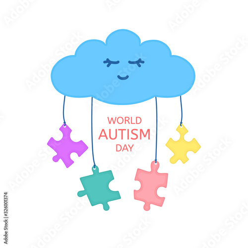 Autism awareness illustration of a cloud with hanging jigsaw puzzle pieces on white background. Solidarity and support vector poster. Healthcare and medical concept. 