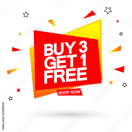 Buy 3 Get 1 Free, Sale banner design template, discount tag, app icon, vector illustration