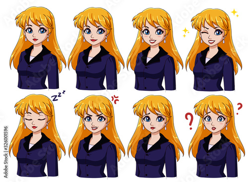 Vector set of business woman character expressions.