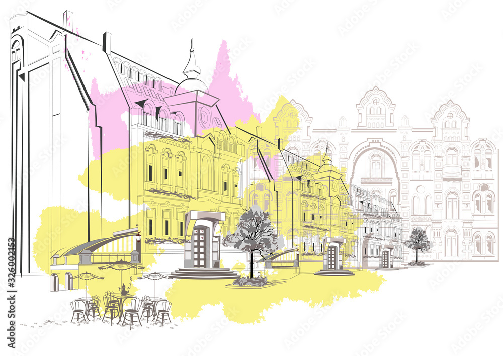 Series of street views in the old city. Hand drawn vector abstract architectural background with historic buildings with colorful splashes.