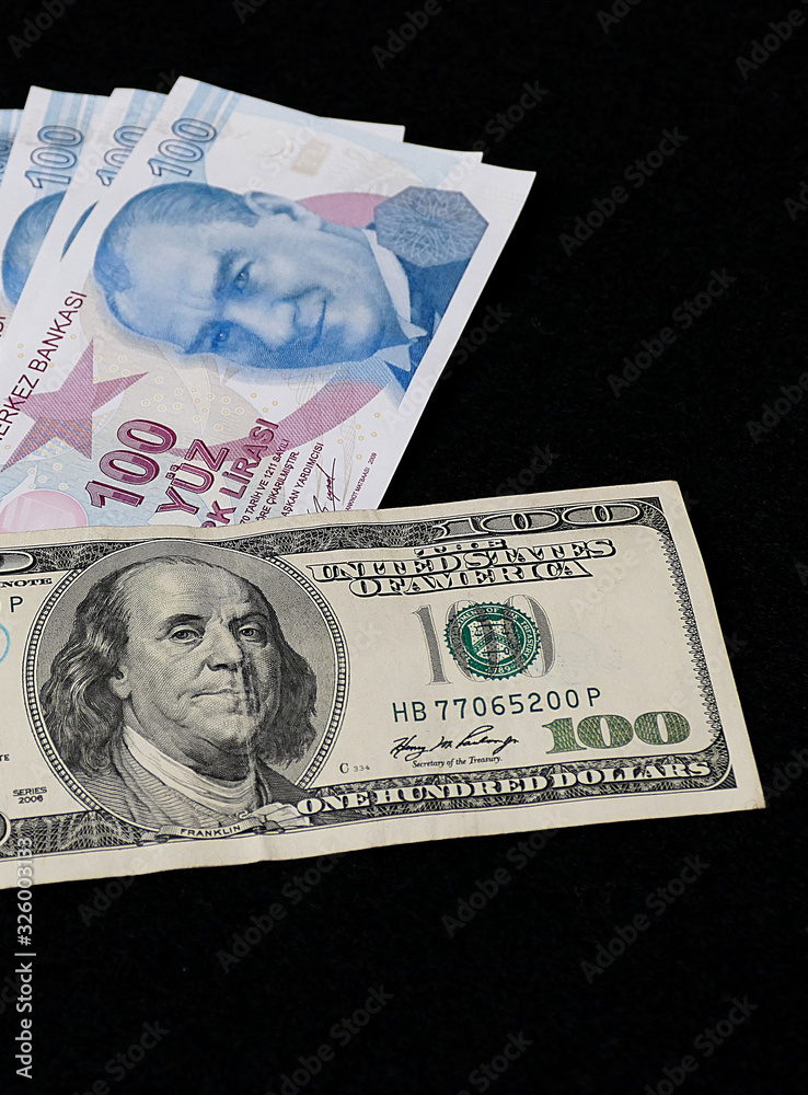 100 Turkish Lira And 100 US Dollars Side By Side 100 Turkish Lira And 
