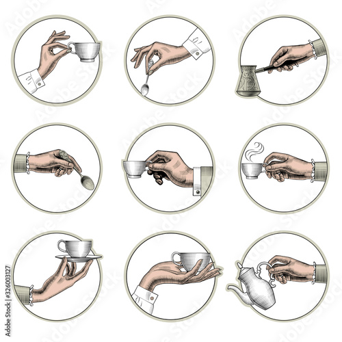 Set of engrawed hands holding in a circle a cup of coffee, a coffee spoon, a coffee pot, an arab turk.