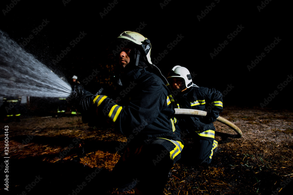 Obraz premium Fire brigade in action at night time