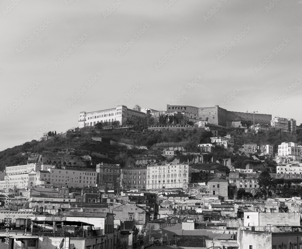 vista monocromatica della città di napoli con la certosa di san martino