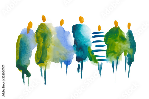 Vector. Hand drawn illustration: people. A stain of watercolor paint in the shape of a group of people