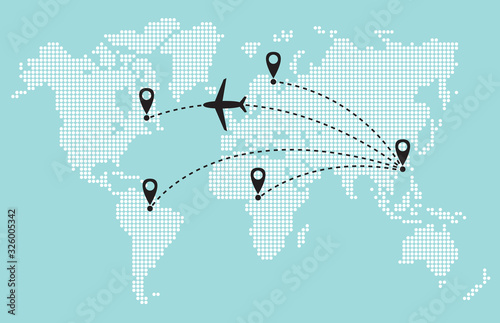 Airplane travel. Circle pattern world map. The plane flies along a trajectory from Asia to America. Vector flat illustration on a blue background. 