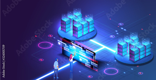 Web hosting concept. Data visualization. Computing, network. Cloud technology. Science/technology background. Computer technology, network, database, internet center. Data analysis.landing vector page photo