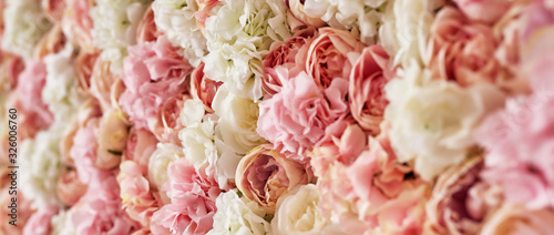 Summer blossoming delicate roses and hydrangeas on flowers festive background, pastel and soft bouquet floral card. Spring Greeting Card Template. Copy Space. Wedding scene. Mothers Day,female card