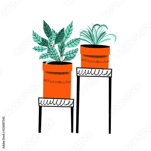 Floriculture. Set of flower pots on flower stands. Vector illustratio