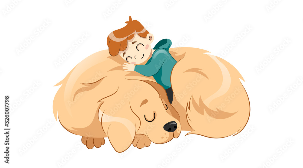 Obraz premium Animal Shelter, Animal Adoption,Care, Homeless Help Concept. Little Boy Child Embraces The Dog Isolated On White Background. Children Friendship And Care Of And Animal. Flat style. Vector illustration