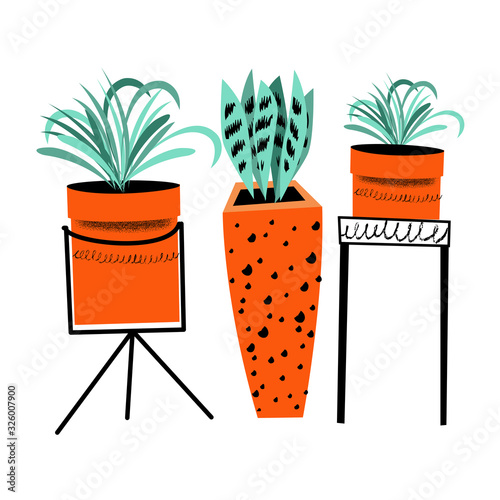 Floriculture. Set of flower pots on flower stands. Vector illustratio