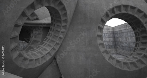 Abstract architectural concrete interior with discs. 3D illustration and rendering.