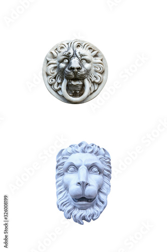 two gypsum sculpture lion head isolated on white background