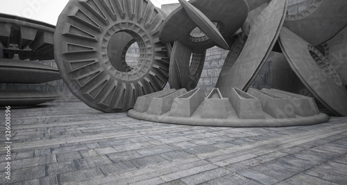 Abstract architectural concrete interior with discs. 3D illustration and rendering.