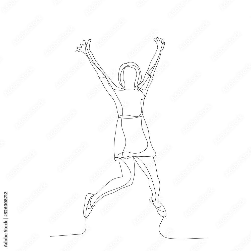 vector, isolated, continuous line drawing girl, woman jumping