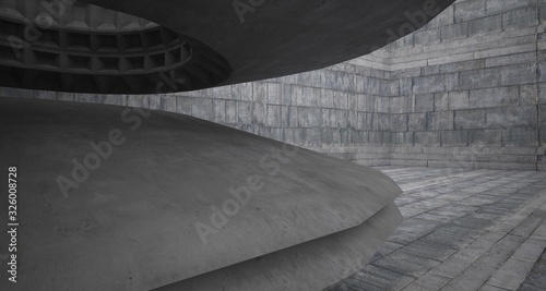 Abstract architectural concrete interior with discs. 3D illustration and rendering.