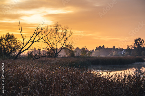 Fototapeta Naklejka Na Ścianę i Meble -  Jesienny wschód słońca nad jeziorem w Polsce