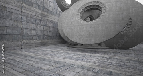Abstract architectural concrete interior with discs. 3D illustration and rendering.