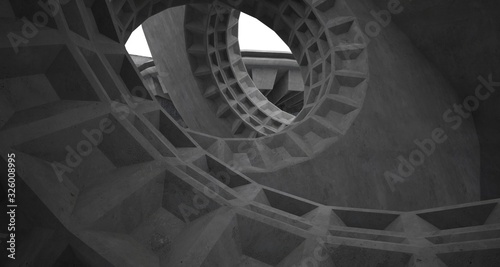 Abstract architectural concrete interior with discs. 3D illustration and rendering.