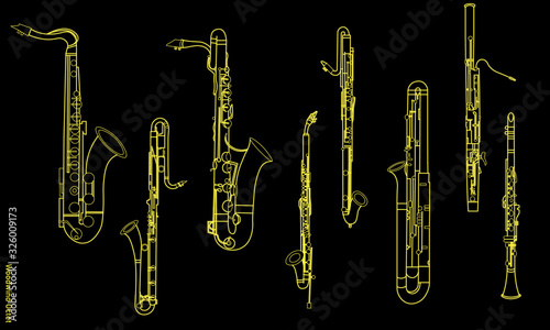 Yellow outline various saxophones. Woodwind octet photo