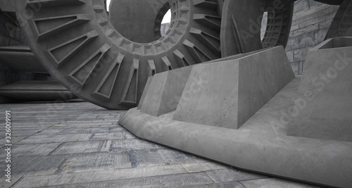 Abstract architectural concrete interior with discs. 3D illustration and rendering.