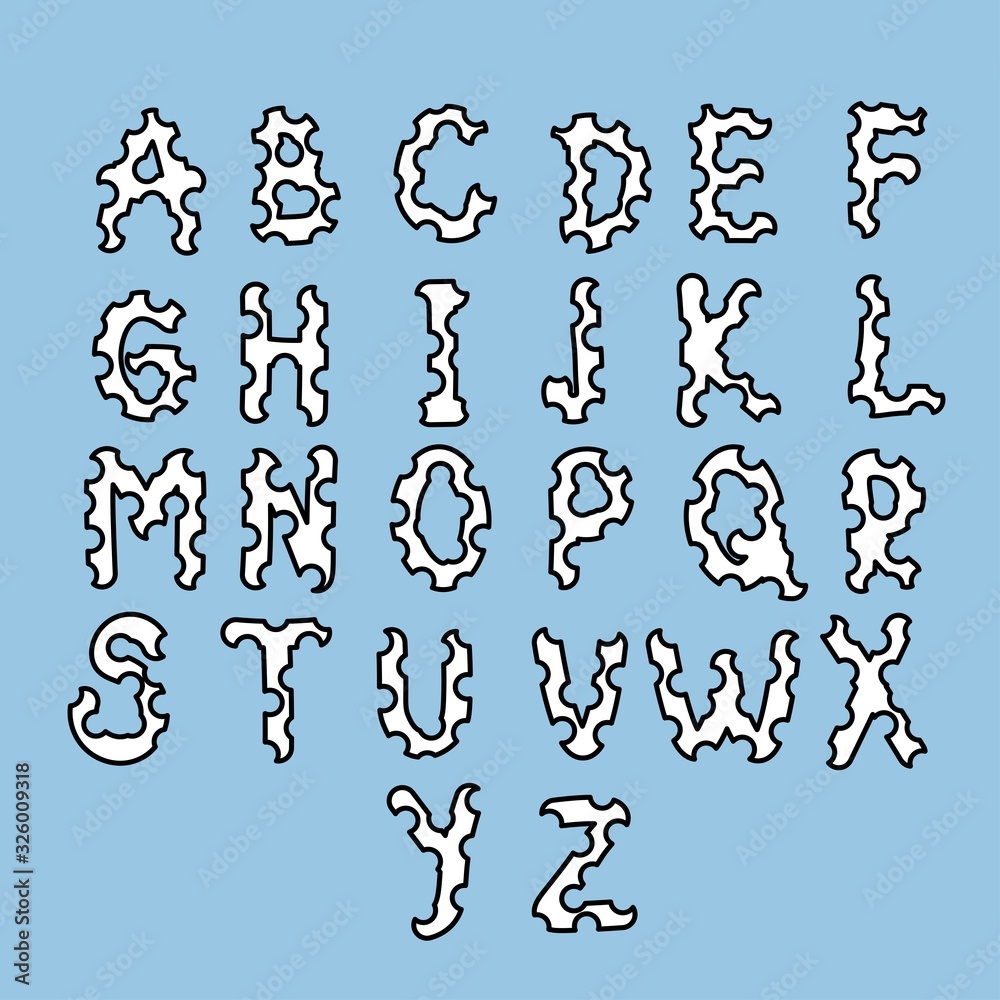 English abstract alphabet black and white isolated on blue background. Stock vector illustration for decoration and design, postcards, posters, banners, fabrics, books, web pages and more. English abstract alphabet black and white isolated on blue background. Stock vector illustration for decoration and design, postcards, posters, banners, fabrics, books, web pages and more.