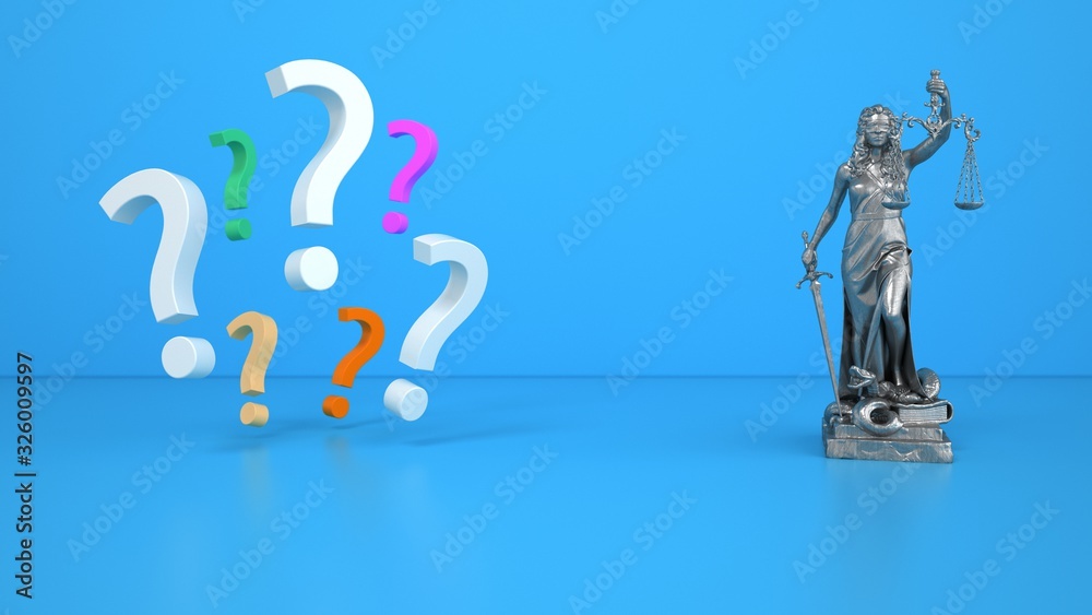 Lady justice statue with colored queston marks on the blue backround. 3d illustration. Lady justice statue with colored queston marks on the blue backround. 3d illustration.