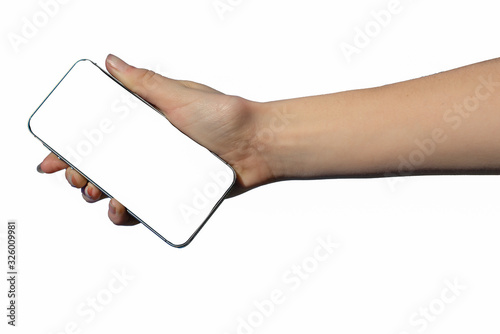 female hand holding mobile phone ,on white background with white screen,room for text