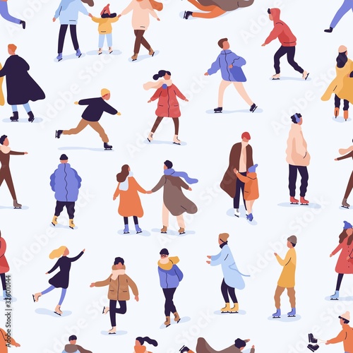 Different people skating on a skating rink seamless pattern. Various man, woman and children ride on ice skates vector flat illustration. Colorful cartoon person enjoying winter outdoor activity