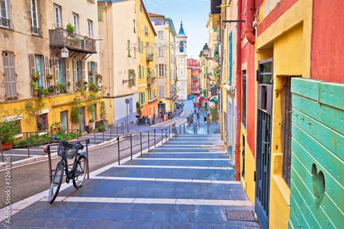 Town of Nice colorful street architecture and church view