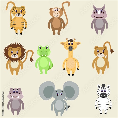 Set of cute safari animals in flat style isolated on background. Stock vector illustration for decoration and design  children s books and coloring  stickers  fabrics  packaging  postcards and more.