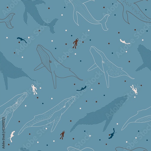 colorful seamless pattern of blue whales with diver and dots in light blue background. Kids cloths, background, pattern, design, fabric.