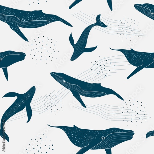 Fototapeta monochrome seamless pattern of blue whales with dots and waves in light grey background