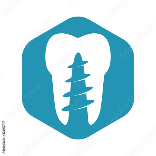 Icon dental implantation and prosthetics. A white tooth with a pin on a blue hexagon. Vector illustration in a simple flat style isolated on a white background.