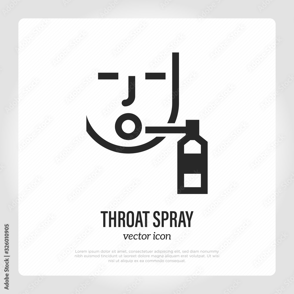 Throat spray thin line icon. Medical treatment for pain in throat with cold, flu, influenza, grippe. Healthcare and medical vector illustration. Throat spray thin line icon. Medical treatment for pain in throat with cold, flu, influenza, grippe. Healthcare and medical vector illustration.