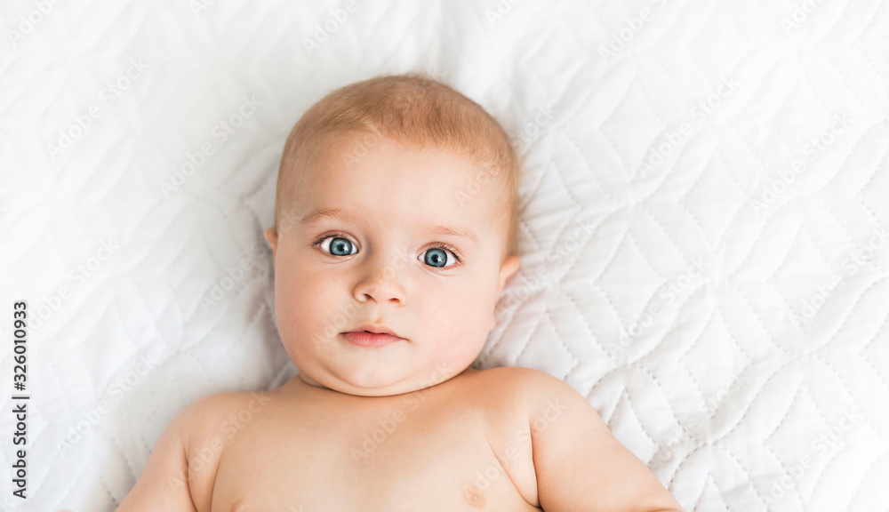 Banner Portrait of a cute baby of nine months. A small boy watches with interest what is happening on the bed White background with copy space Banner Portrait of a cute baby of nine months. A small boy watches with interest what is happening on the bed White background with copy space