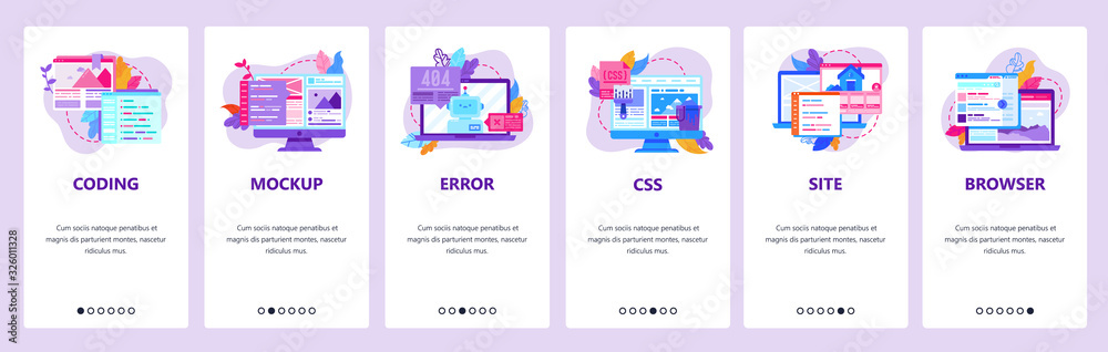 Web development and coding mobile phone app icons. 404 error, css and html code, computer technology. Onboarding screens. Vector template for website mobile development. Web site design illustration