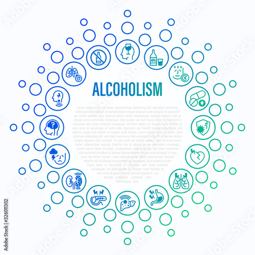 Alcoholism thin line icons in circle shape. Strong drink, withdrawal symptoms, vitamin deficiency, decreased immunity, internal organs damage, depression, dementia, emphysema. Vector illustration.