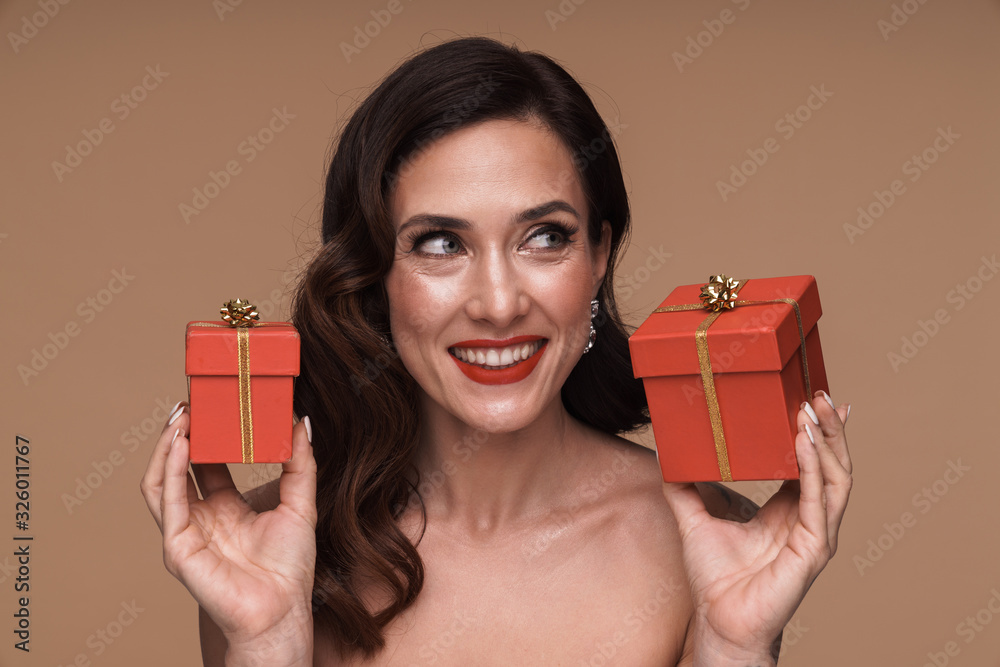 Beauty Portrait Of Happy Adult Half Naked Woman Holding Present Boxes Stock Photo Adobe Stock