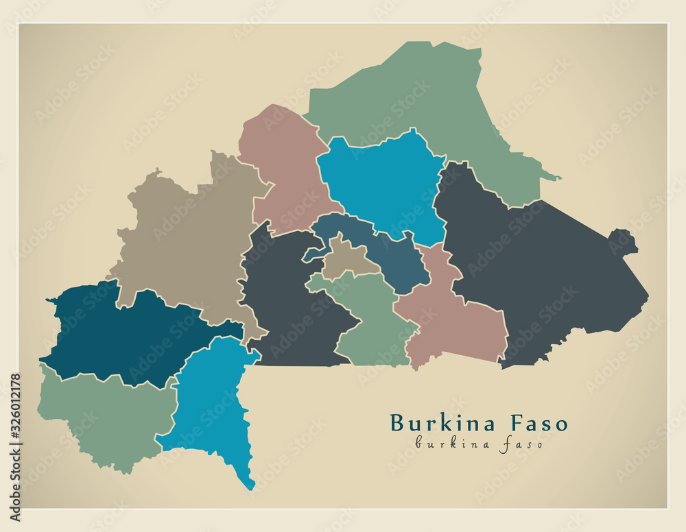 Modern Map - Burkina Faso with different colored regions - update 2020