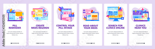 Drug intake and treatment regimen. Health control phone app. Medical clinic, healthcare, drug store. Mobile app screens. Vector template for website mobile development. Web site design illustration